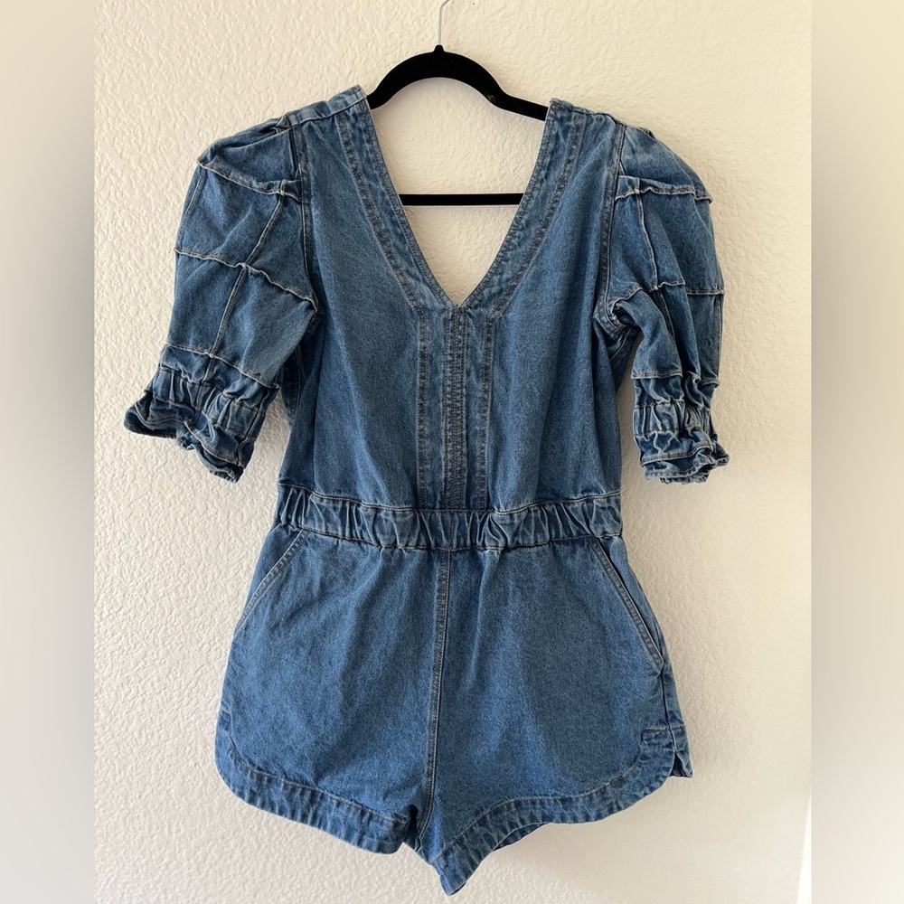 Sea New York Denim Romper with Ruffled Sleeves